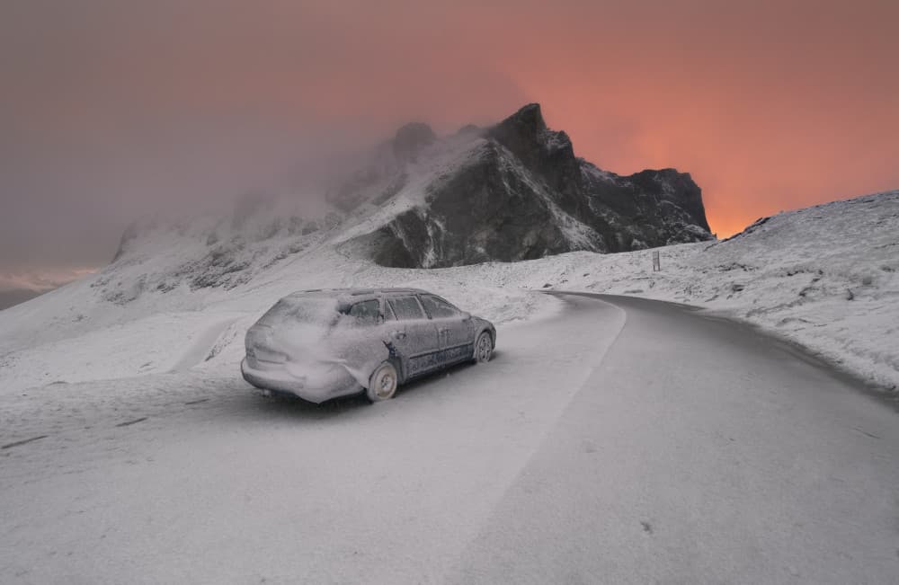 Frozen Car Mountain Road by Karol Nienartowicz — canvas wall art
