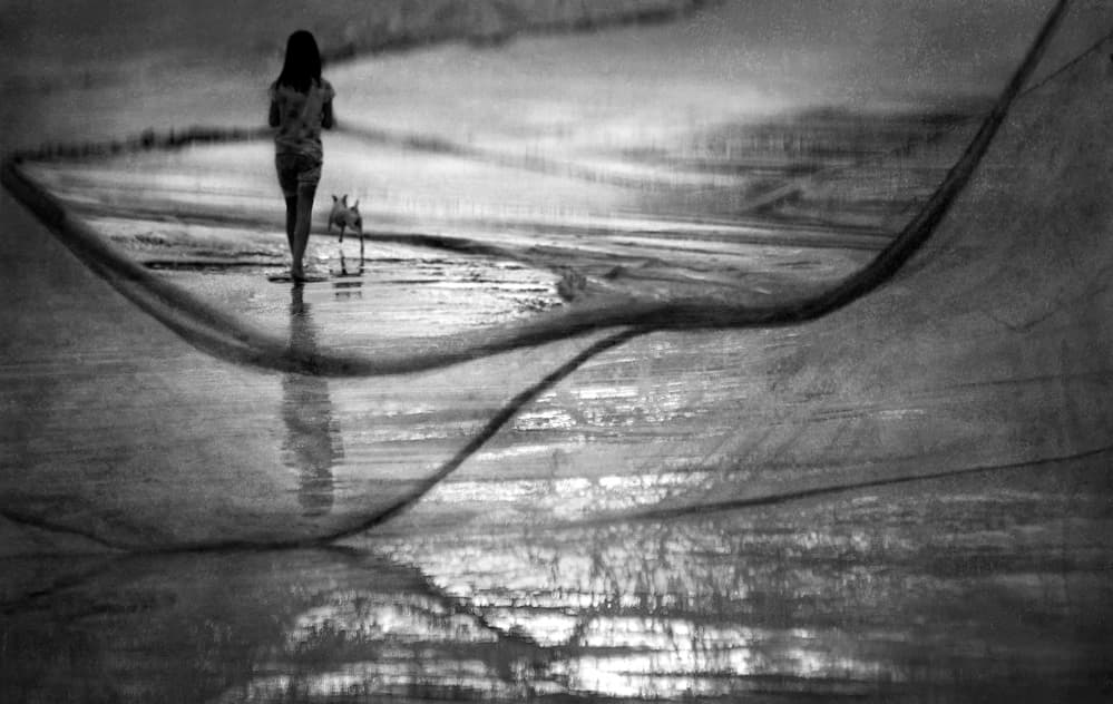 Girl And Dog Beach Walk by Ekkachai Khemkum — canvas wall art