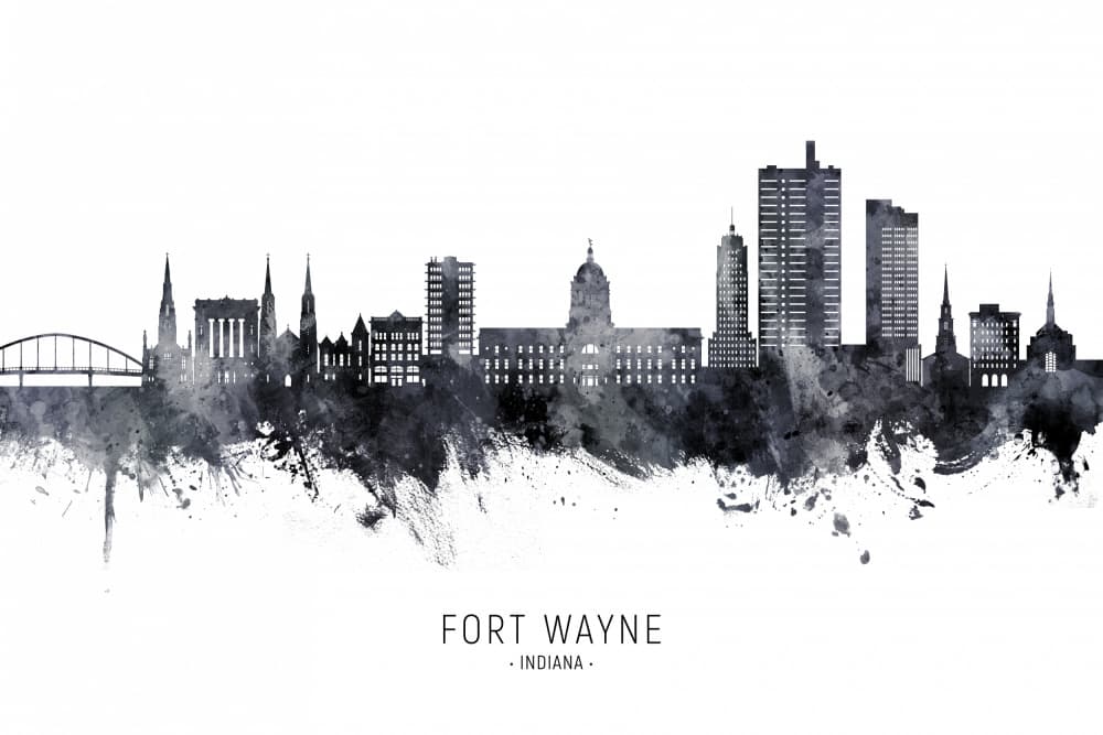Fort Wayne Skyline Watercolor by Michael Tompsett — canvas wall art