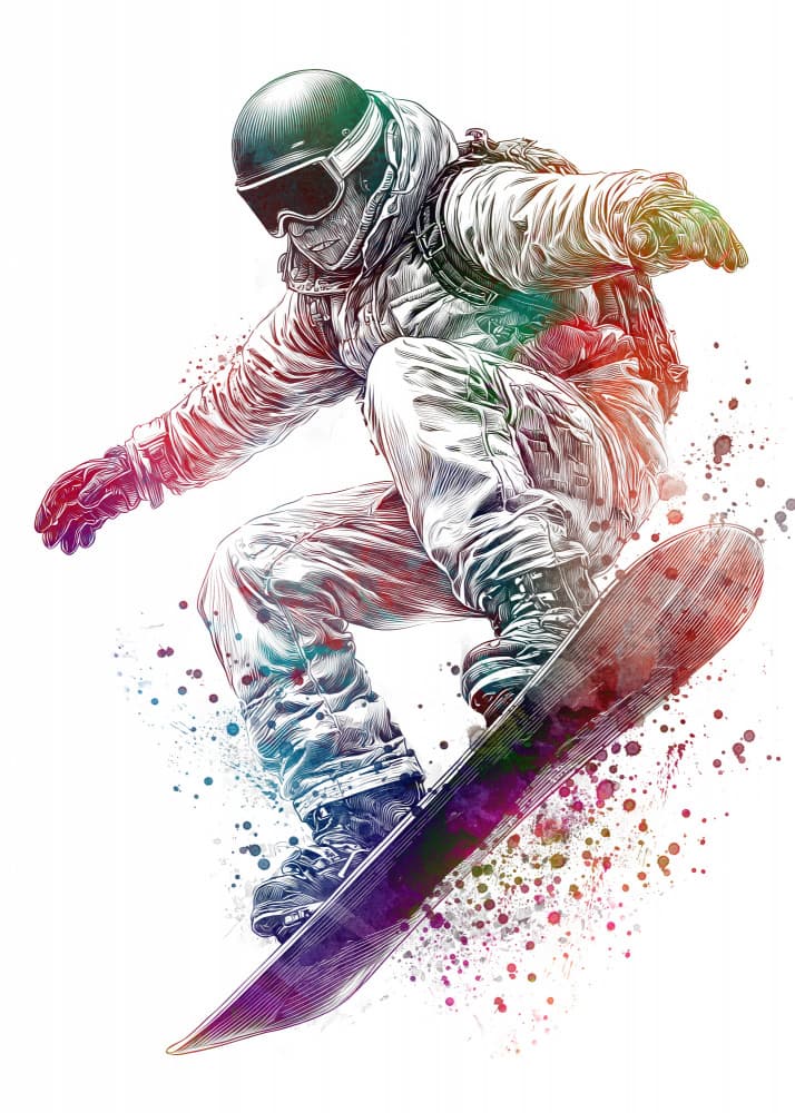 Vibrant Snowboarder Flying by Justyna Jaszke — canvas wall art
