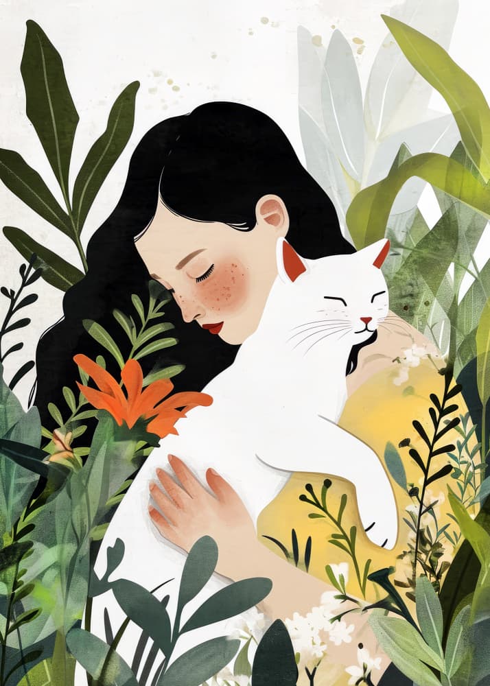 Gentle Embrace with White Cat by Justyna Jaszke — canvas wall art
