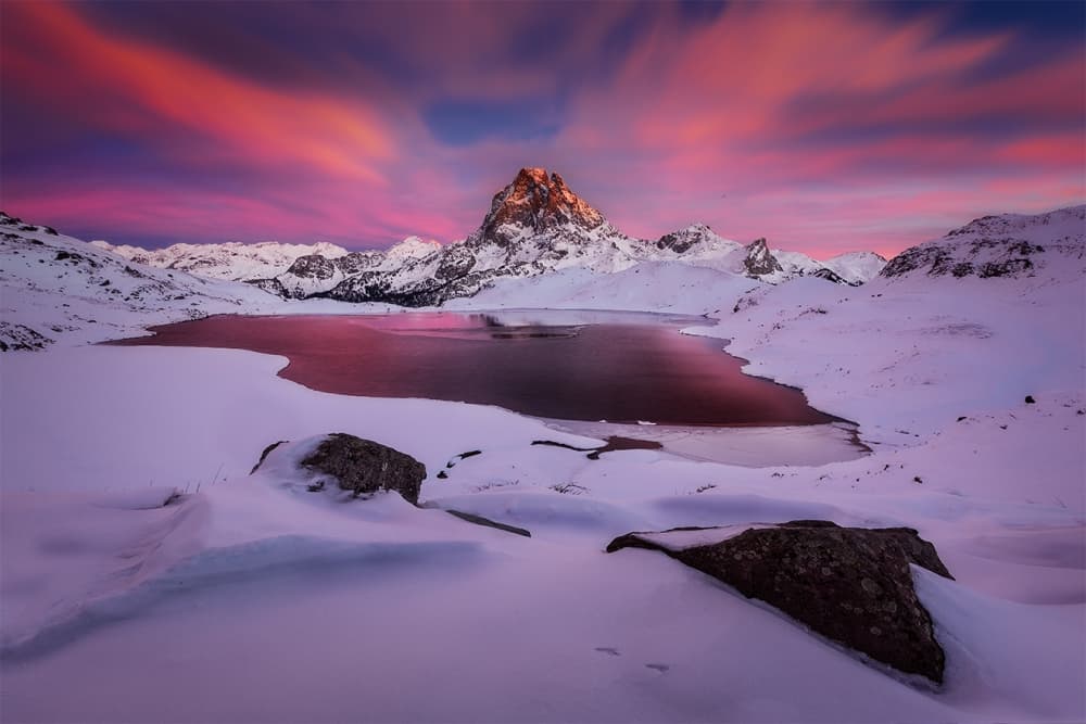 Pink Sky Mountain Lake by Guillermo García Delgado — canvas wall art