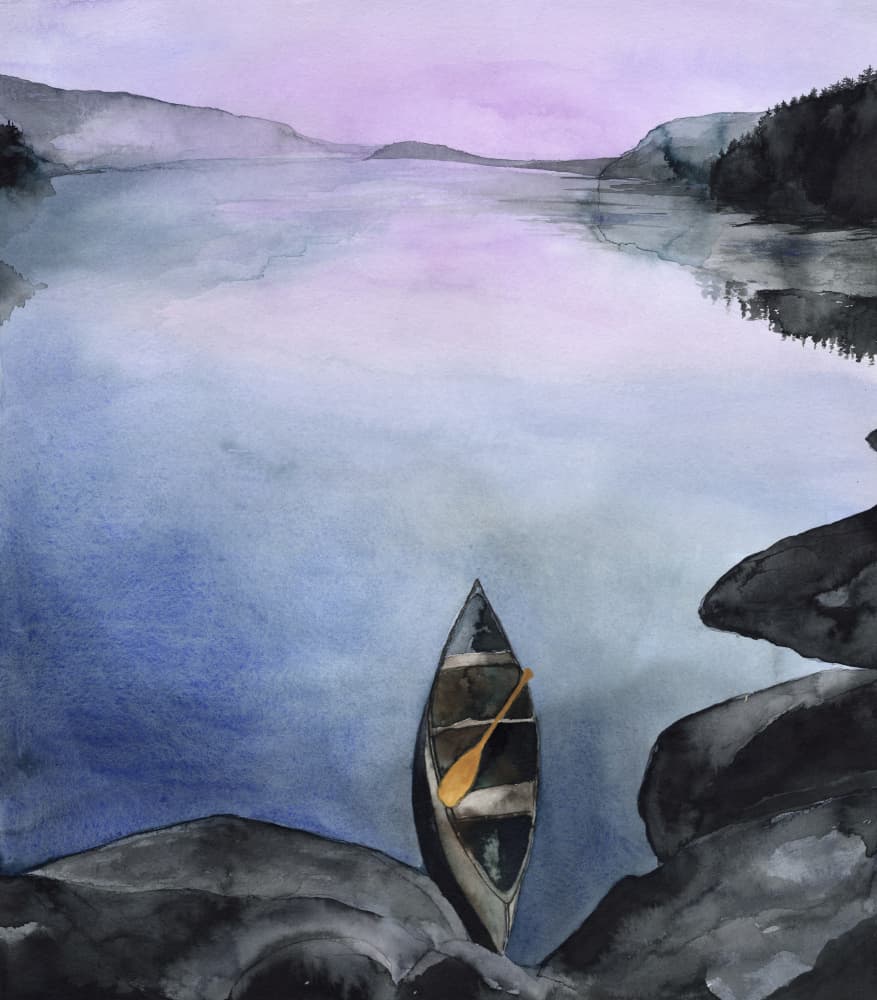 Serene Mountain Lake Canoe by RodMacIver — canvas wall art