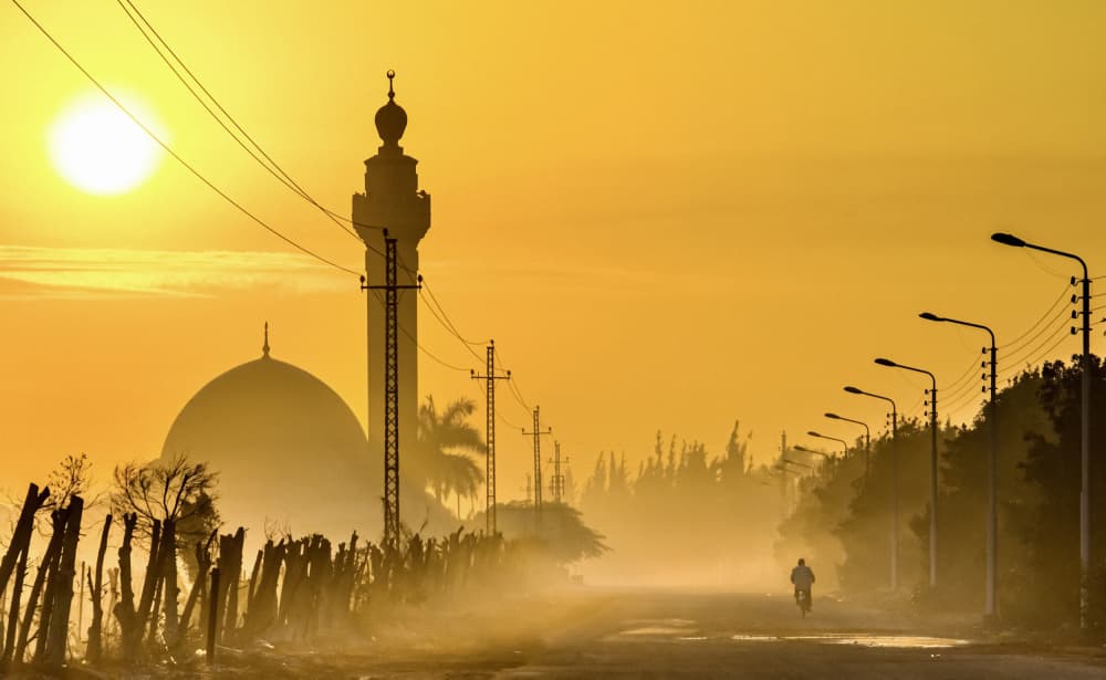 Misty Golden Mosque Dawn by Mostafa Bahnasy — canvas wall art