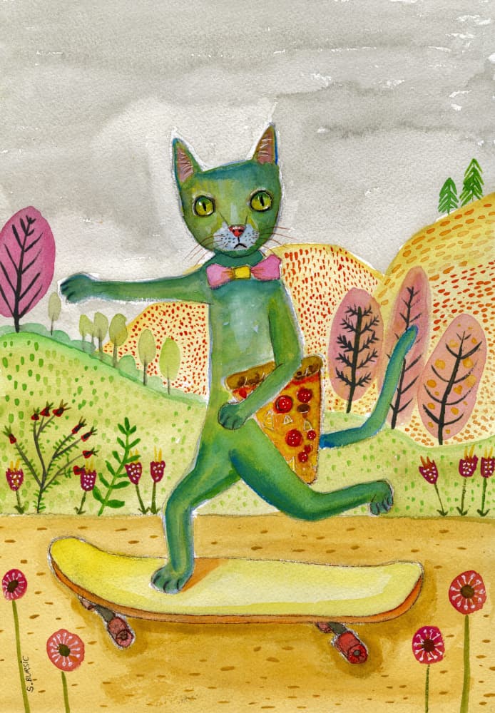 Green Cat Skateboard Pizza by Sharyn Bursic — canvas wall art