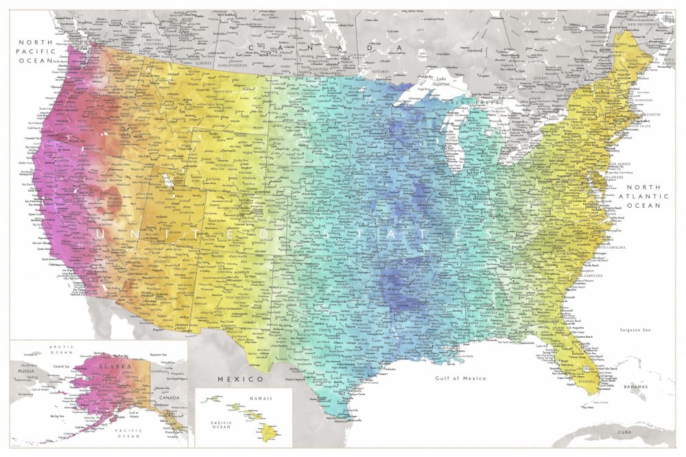 Colorful USA Map by Rosana Laiz Blursbyai — canvas wall art