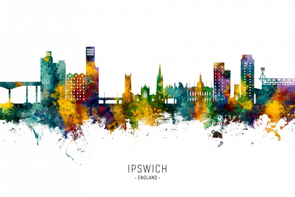 Ipswich Watercolor Skyline by Michael Tompsett — canvas wall art