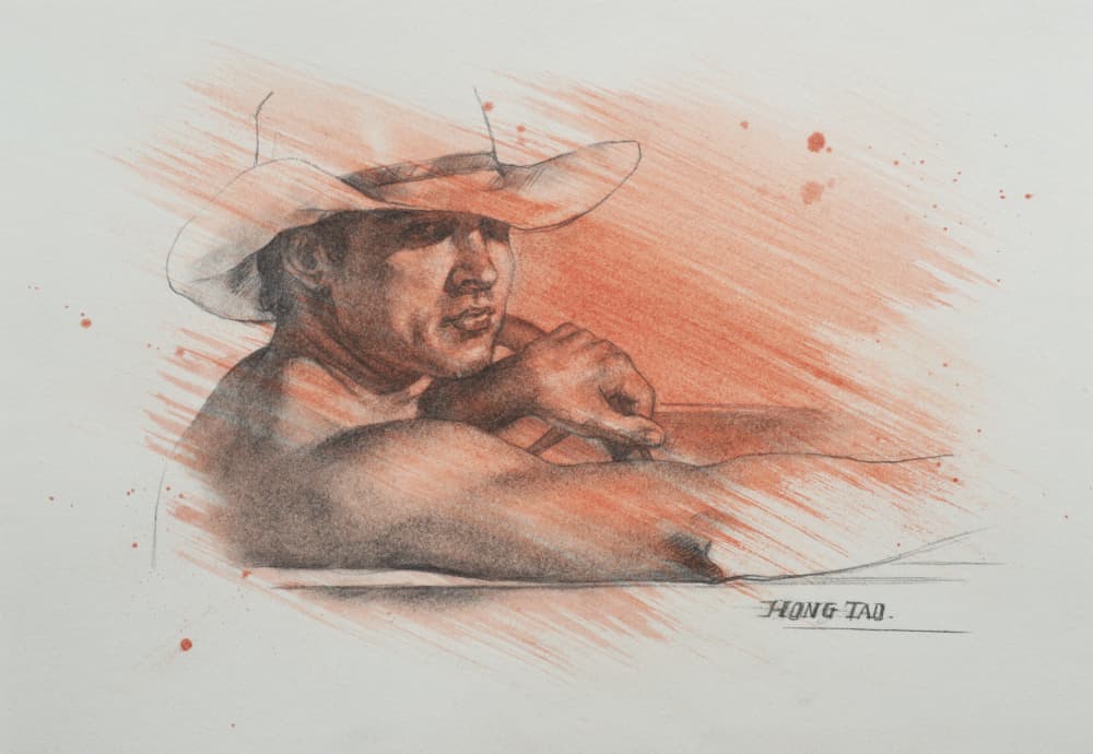 Pensive Cowboy Sketch by Hongtao Huang — canvas wall art