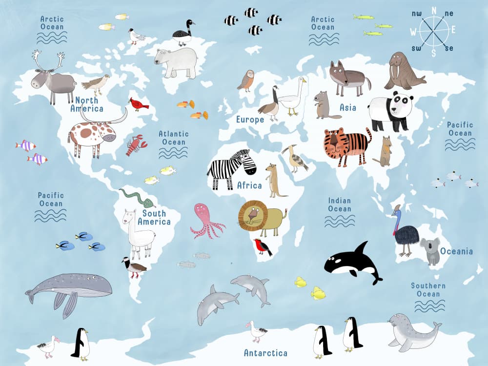Cute Animal World Map by Carla Daly — canvas wall art