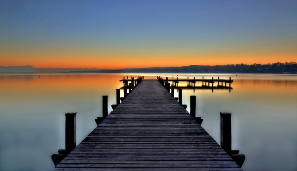 Golden Reflections Lake Pier by Hans Peter Rank — canvas wall art