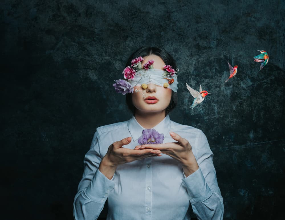 Blindfolded Woman Floral Dream by Farid Kazamil — canvas wall art