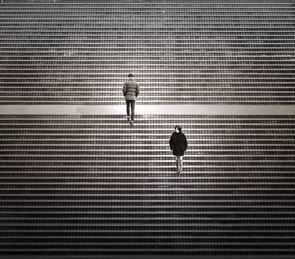 Two Figures Ascending Steps by moucorn — canvas wall art