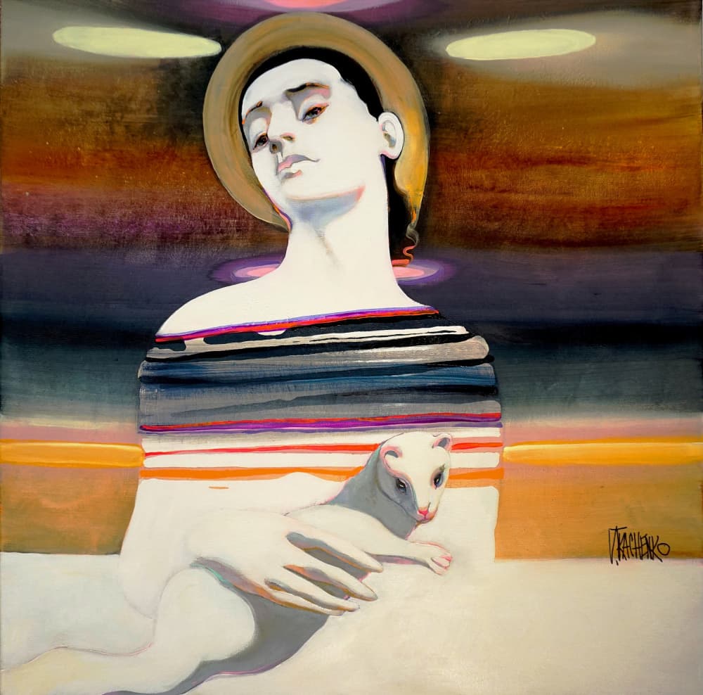 Pensive Woman With Ferret by Victor Tkachenko — canvas wall art