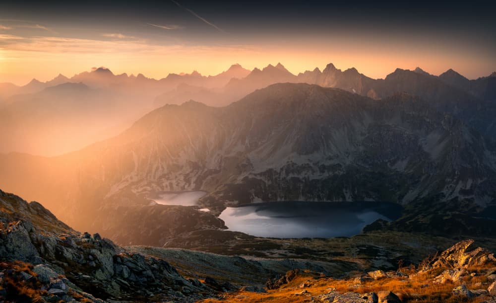 Golden Mountain Lakes by Karol Nienartowicz — canvas wall art