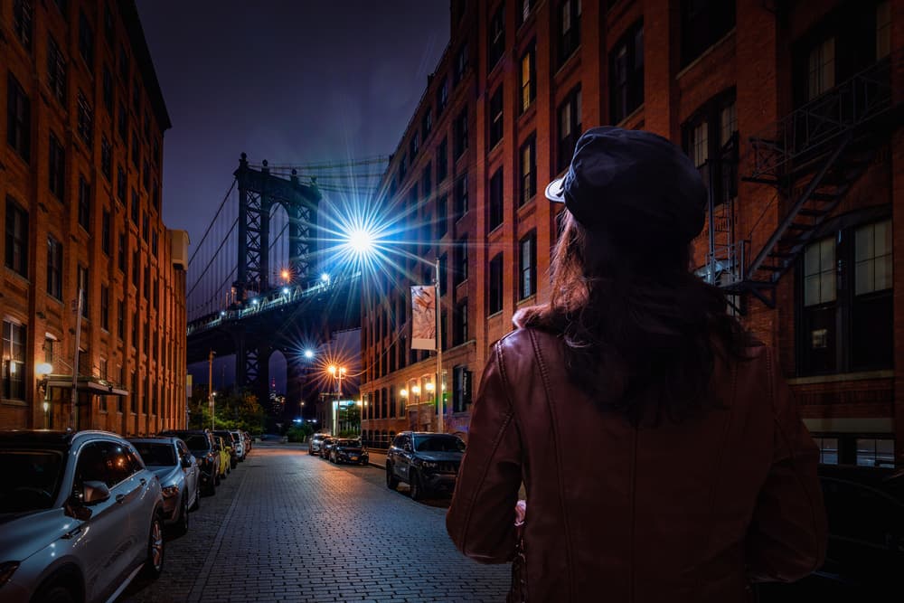 DUMBO Night Street Scene by Woraphon Banchobdi — canvas wall art