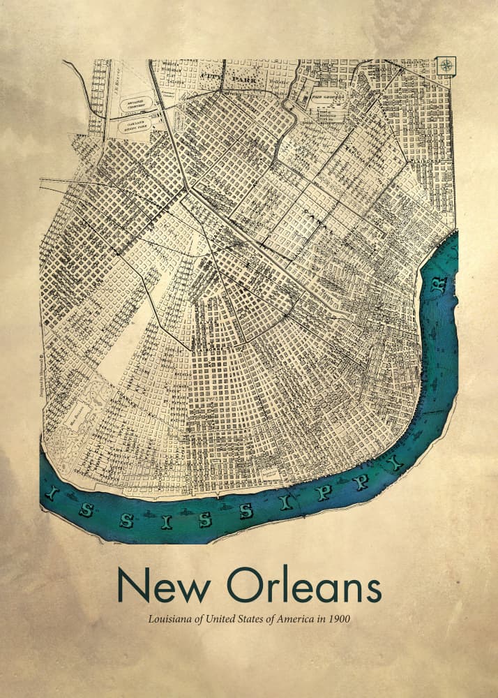 New Orleans 1900 Map by Dion Gem — canvas wall art