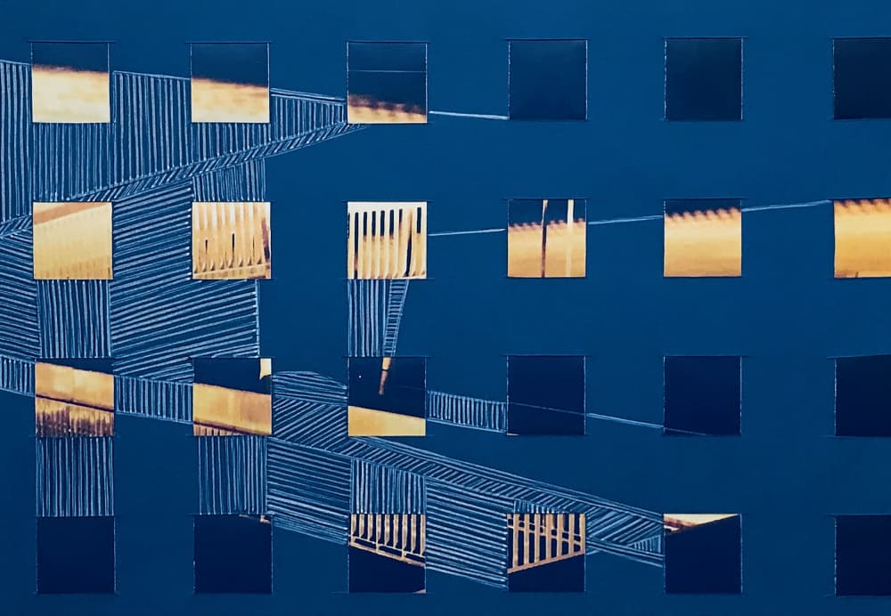 Geometric Blue Gold Grid by kellymariesmith — canvas wall art