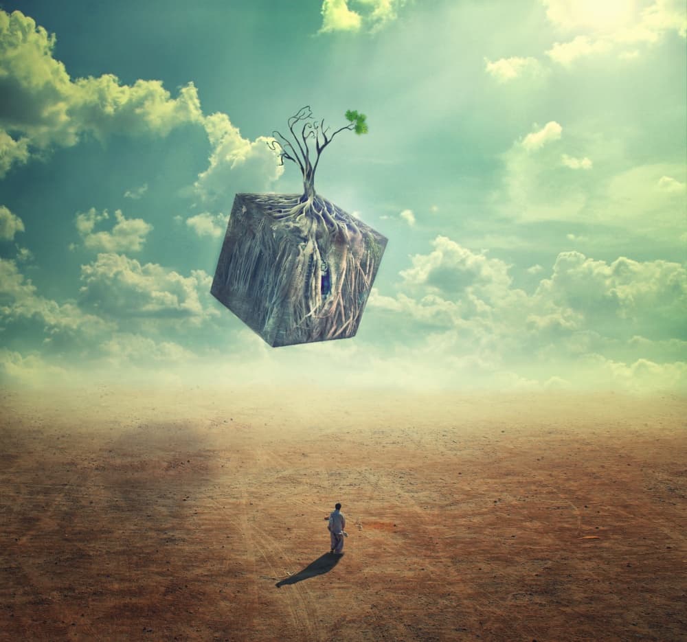 Man And Surreal Floating Cube by M. Mehdi Fazelbeygi — canvas wall art