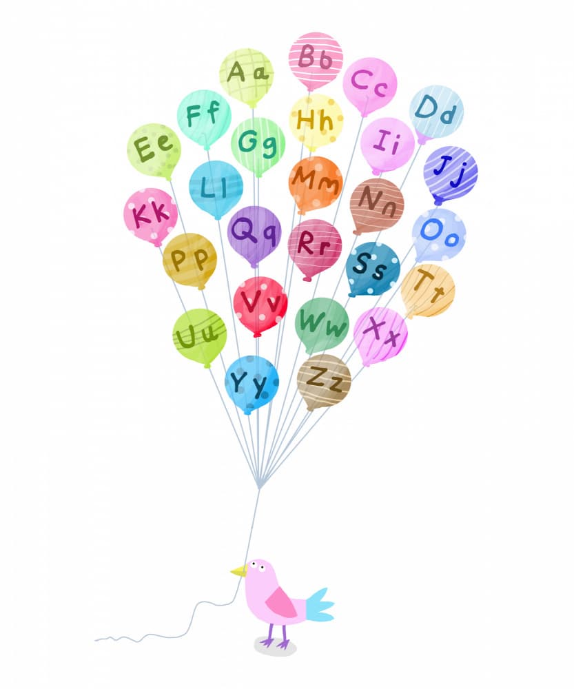 Cute Pink Bird with Alphabet Balloons by Carla Daly by Carla Daly — canvas wall art