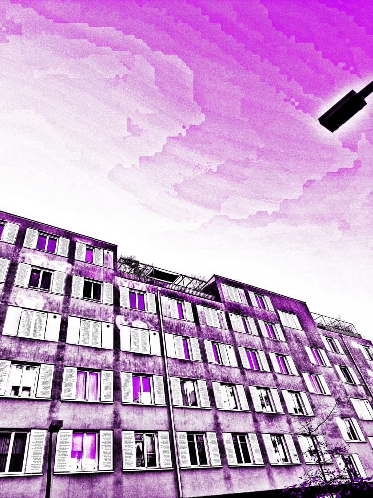 Modern Purple Building by mnemonixART — canvas wall art