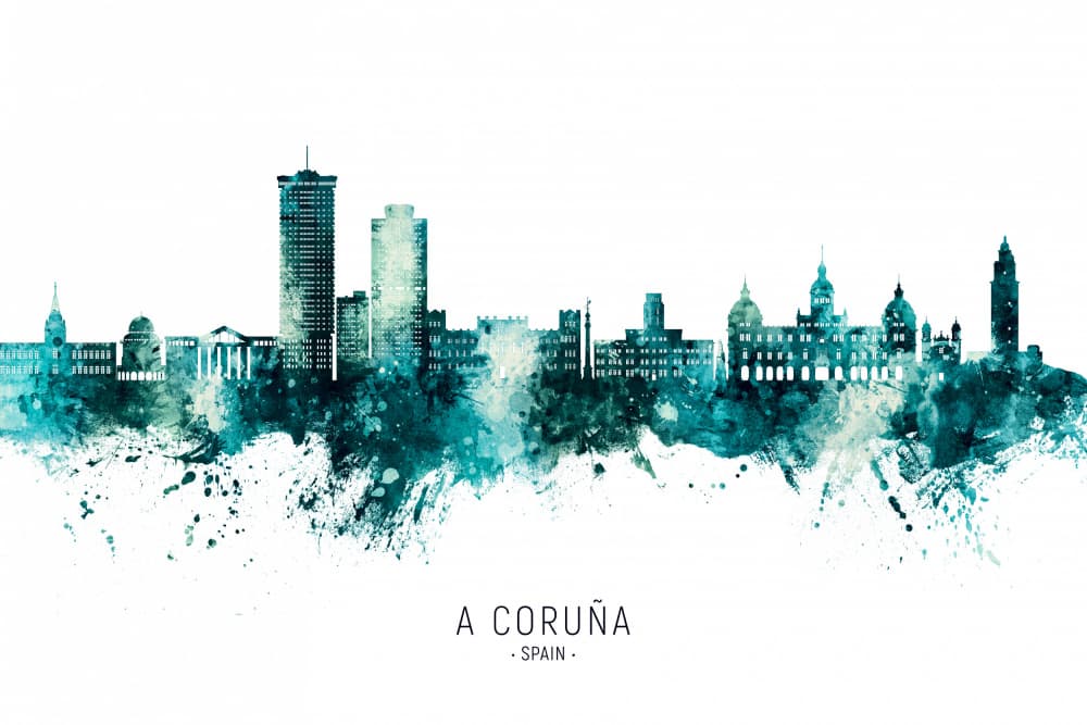 A Coruña Skyline Watercolor by Michael Tompsett — canvas wall art
