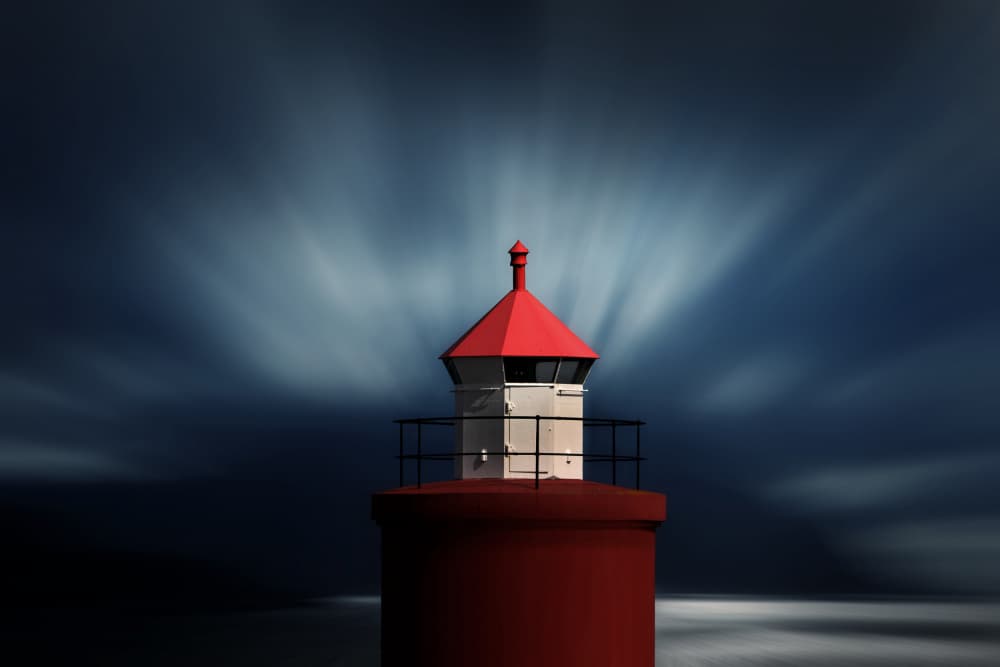 Red Lighthouse Serenity by Hans-Wolfgang Hawerkamp — canvas wall art