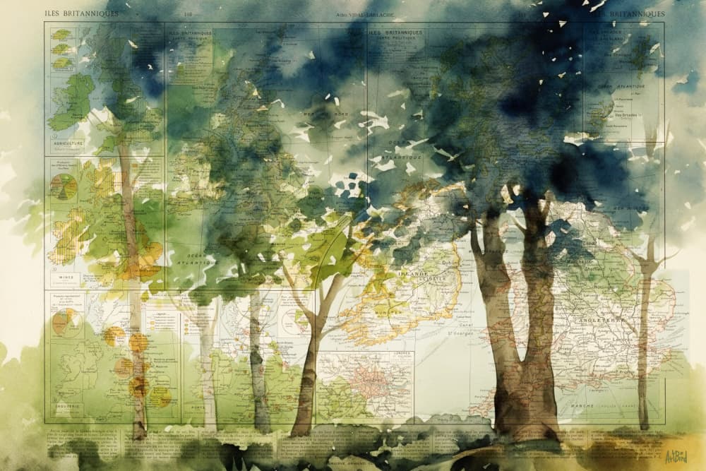 Watercolor Map Trees by thomas chedeville — canvas wall art