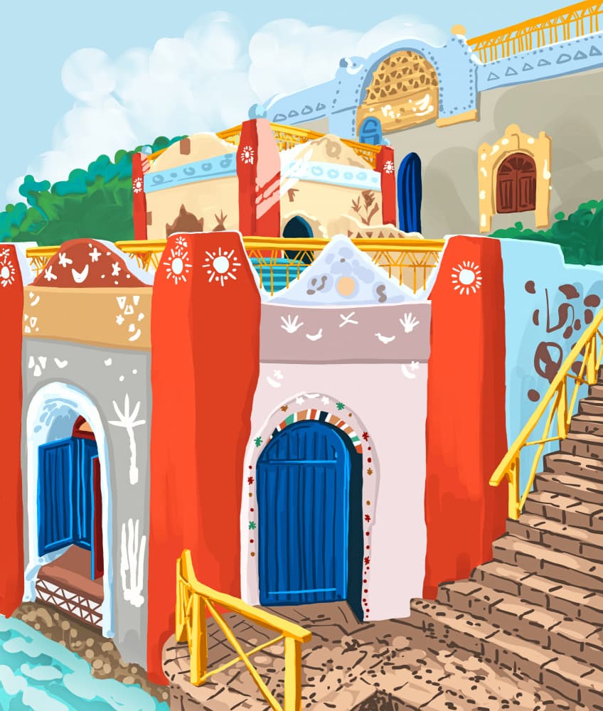 Colorful Village Stairs by Uma Gokhale — canvas wall art