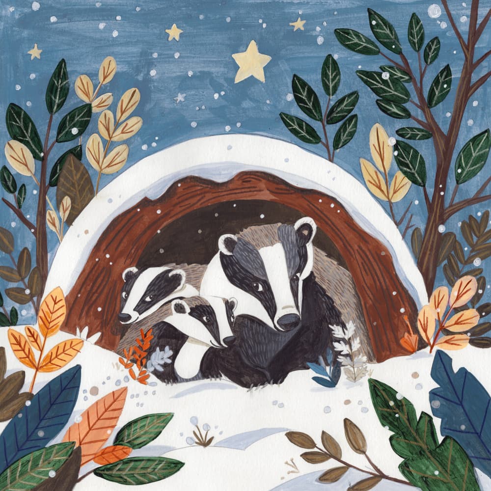 Badgers in Winter Hollow in the Snow Christmas by Caroline Bonne Müller — canvas wall art