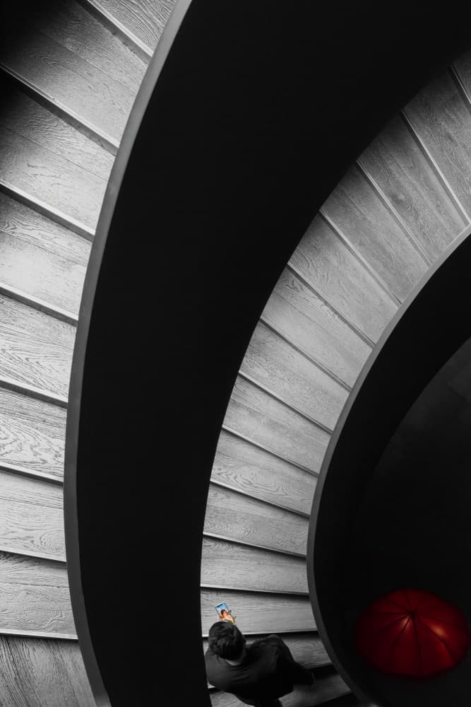 Red Umbrella Spiral Stairs by konglingming — canvas wall art