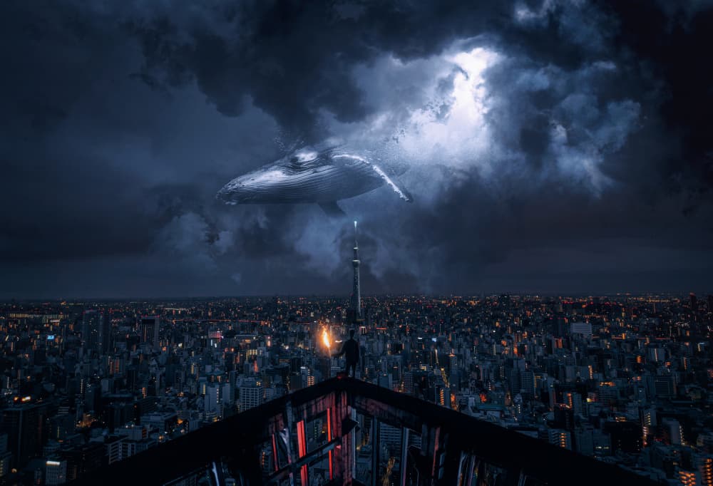 Flying Whale City Night by cvv — canvas wall art