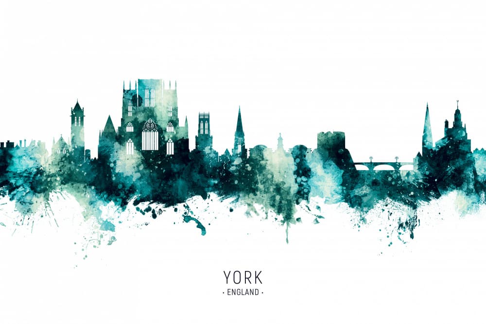 York England Watercolor Skyline by Michael Tompsett — canvas wall art