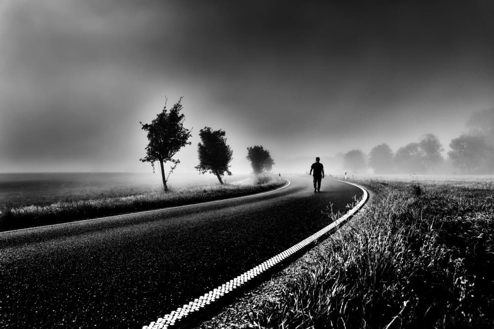 Man Walks Misty Road by Robert Kuavi — canvas wall art