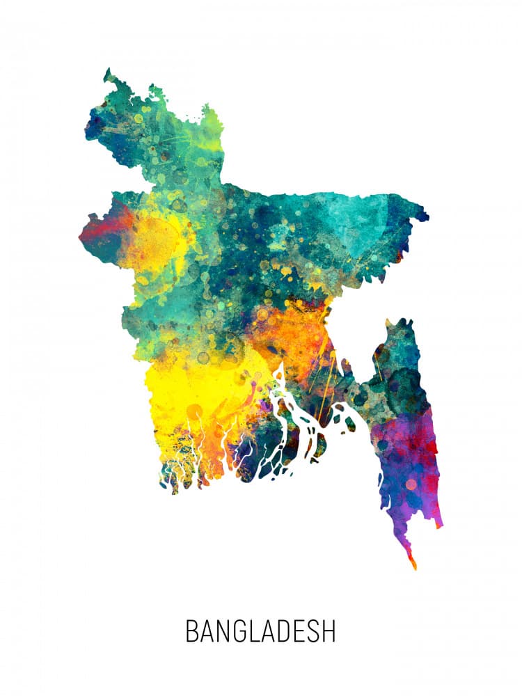 Vibrant Bangladesh Map by Michael Tompsett — canvas wall art