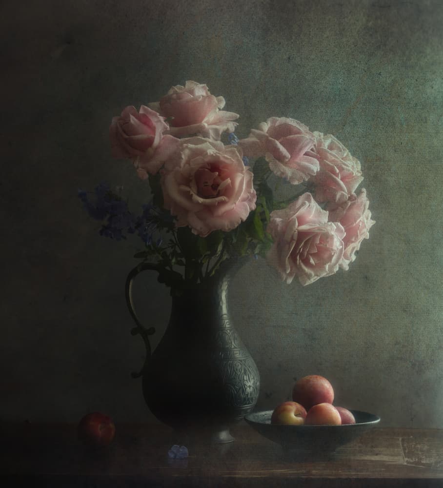 Moody Pink Roses and Peaches by Judy Tseng — canvas wall art