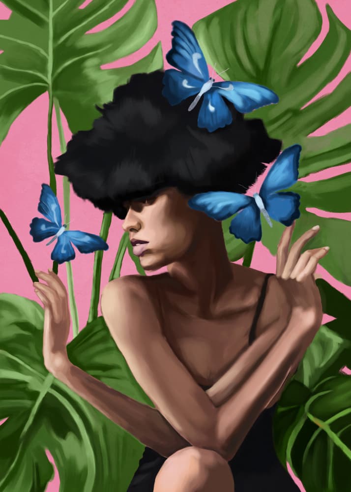 Afro Woman Butterflies by Nadjaa — canvas wall art