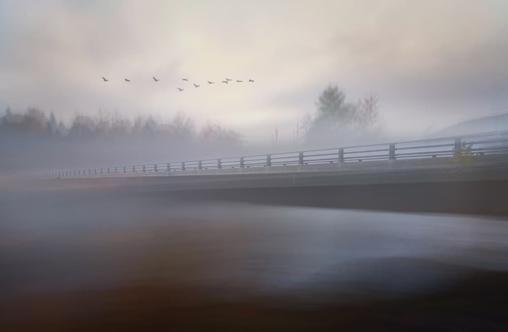 Misty River Bridge by Larry Deng APA — canvas wall art