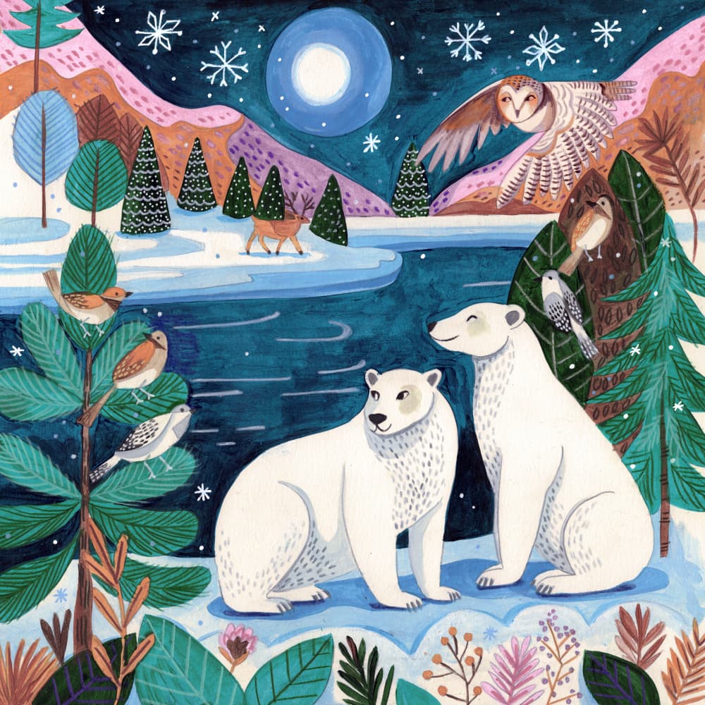 Polar bears Christmas at the North Pole under the moon by Caroline Bonne Müller — canvas wall art