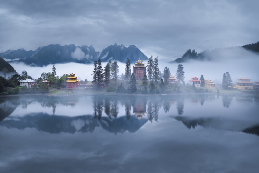 Misty Mountain Temple Reflections by Simoon — canvas wall art