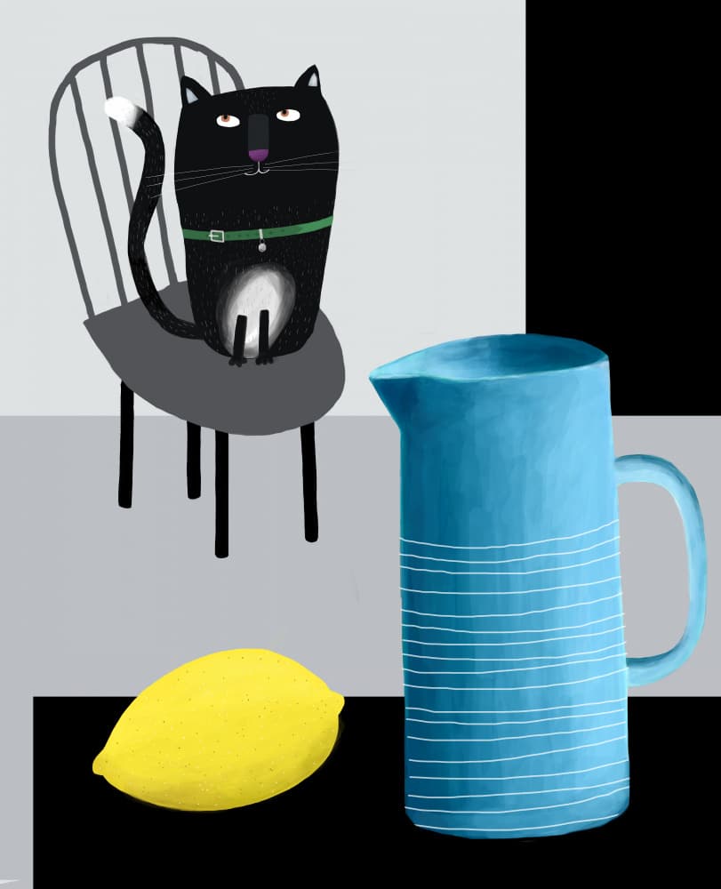 Black Cat Blue Pitcher by Carla Daly — canvas wall art