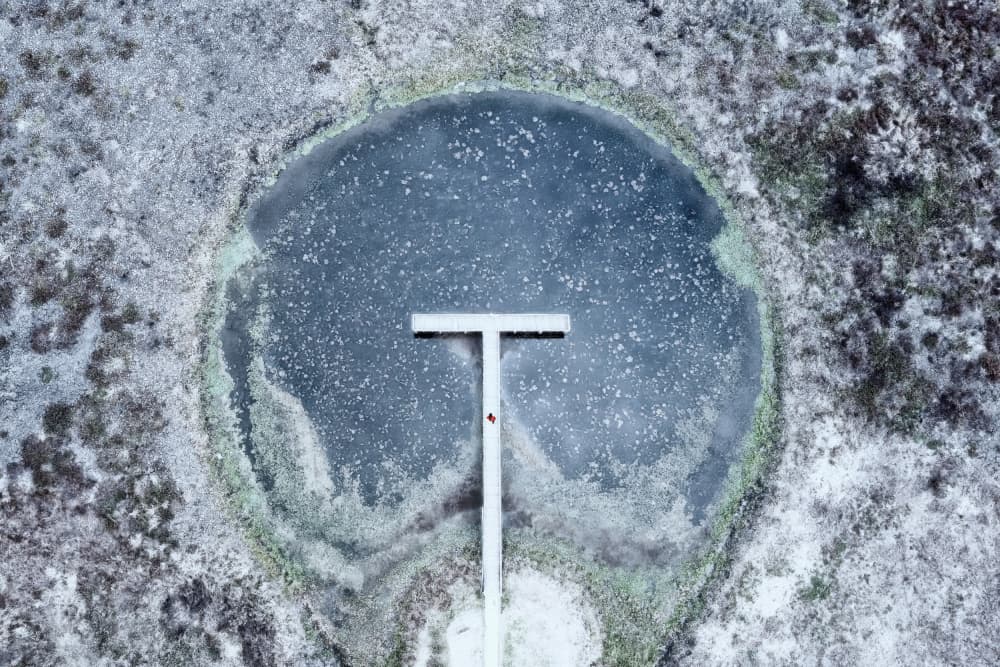 Aerial Frozen Dock by Michael Burlak — canvas wall art