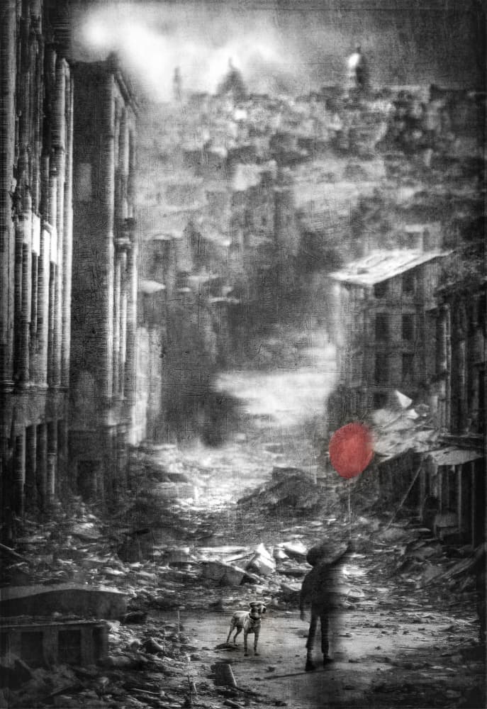 Red Balloon In Ruins by Amer Jassim — canvas wall art