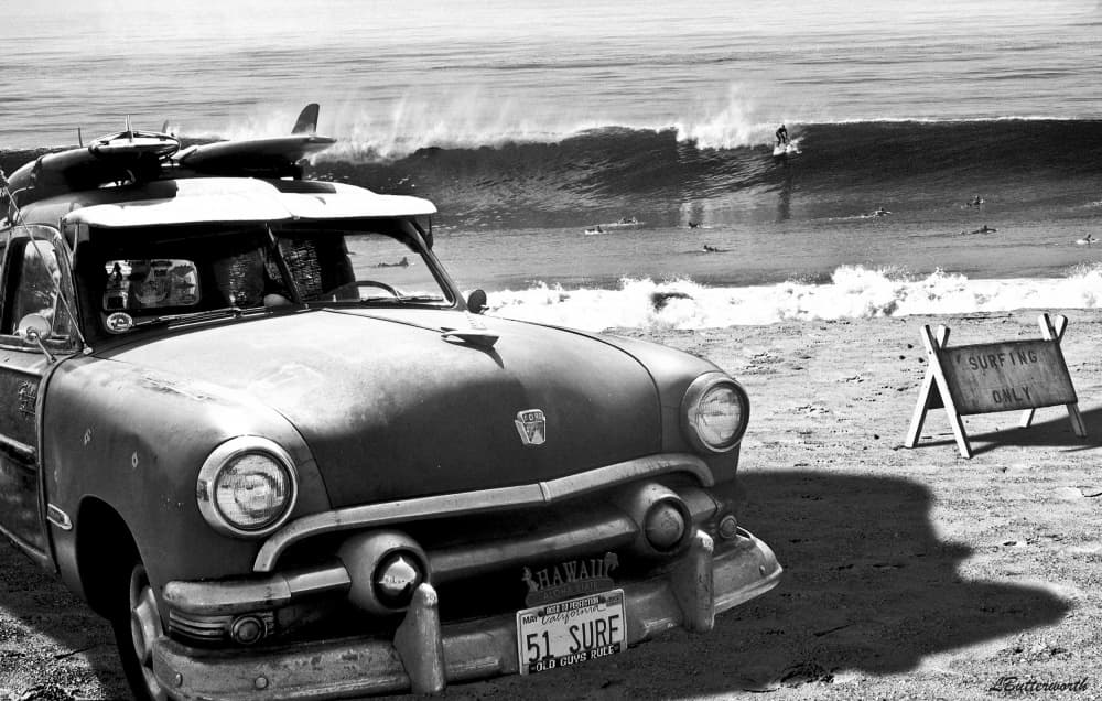 Vintage Car Surf Beach by LARRY BUTTERWORTH — canvas wall art