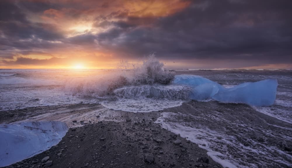 Crashing Wave Blue Iceberg Sunset by joanaduenas — canvas wall art