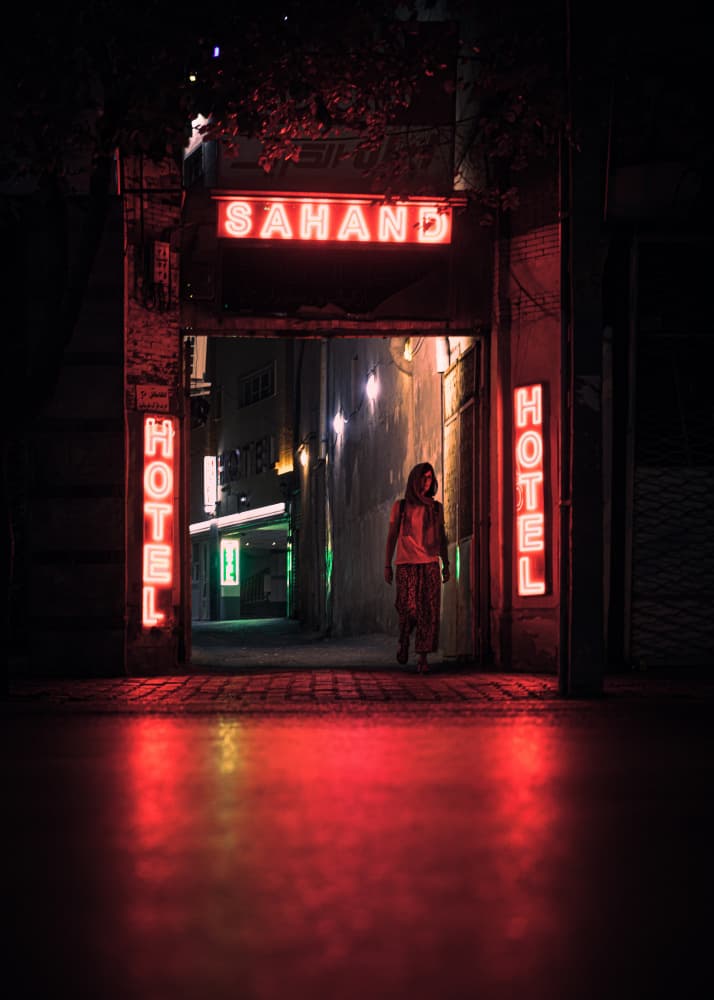 Red Neon Hotel Night by Marco Tagliarino — canvas wall art