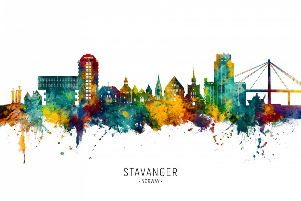 Stavanger Watercolor Skyline by Michael Tompsett — canvas wall art