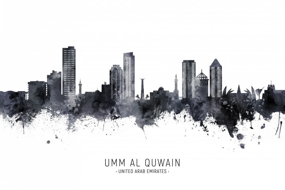 Umm Al Quwain Skyline Watercolor by Michael Tompsett — canvas wall art