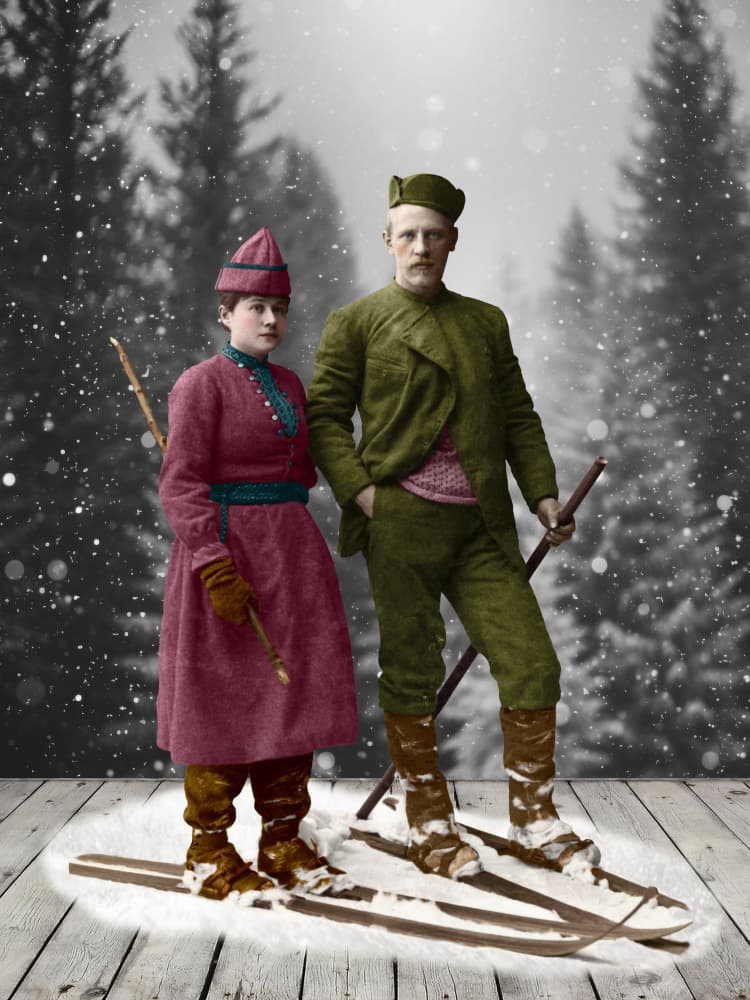 Vintage Ski Couple by Marja van den Hurk — canvas wall art