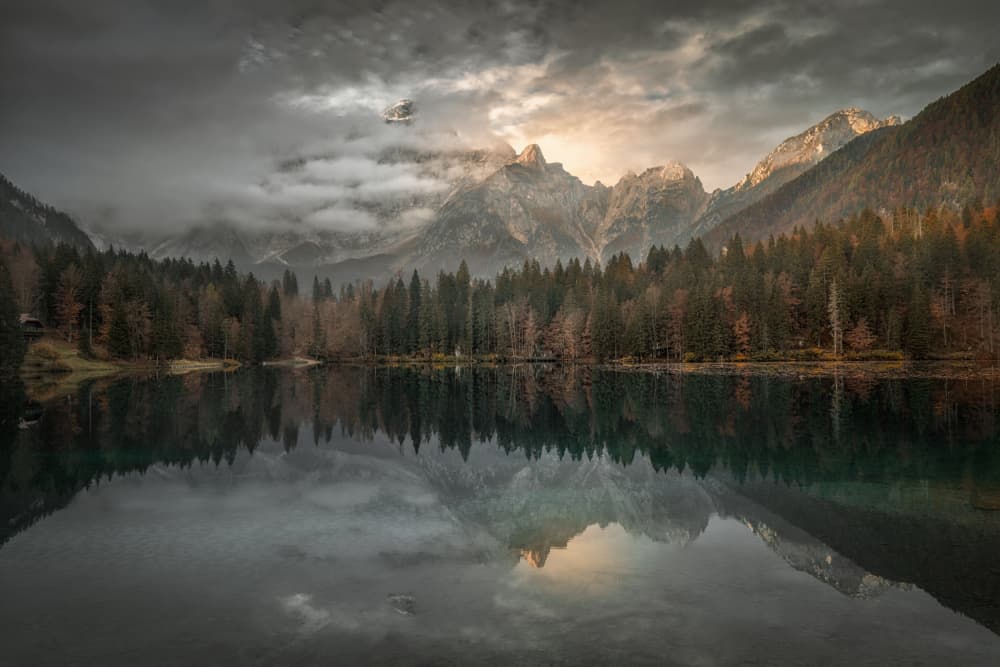 Golden Light Mountain Lake by Marko Klavs — canvas wall art