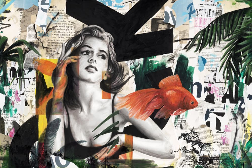 Retro Woman Goldfish Dream by thomas chedeville — canvas wall art